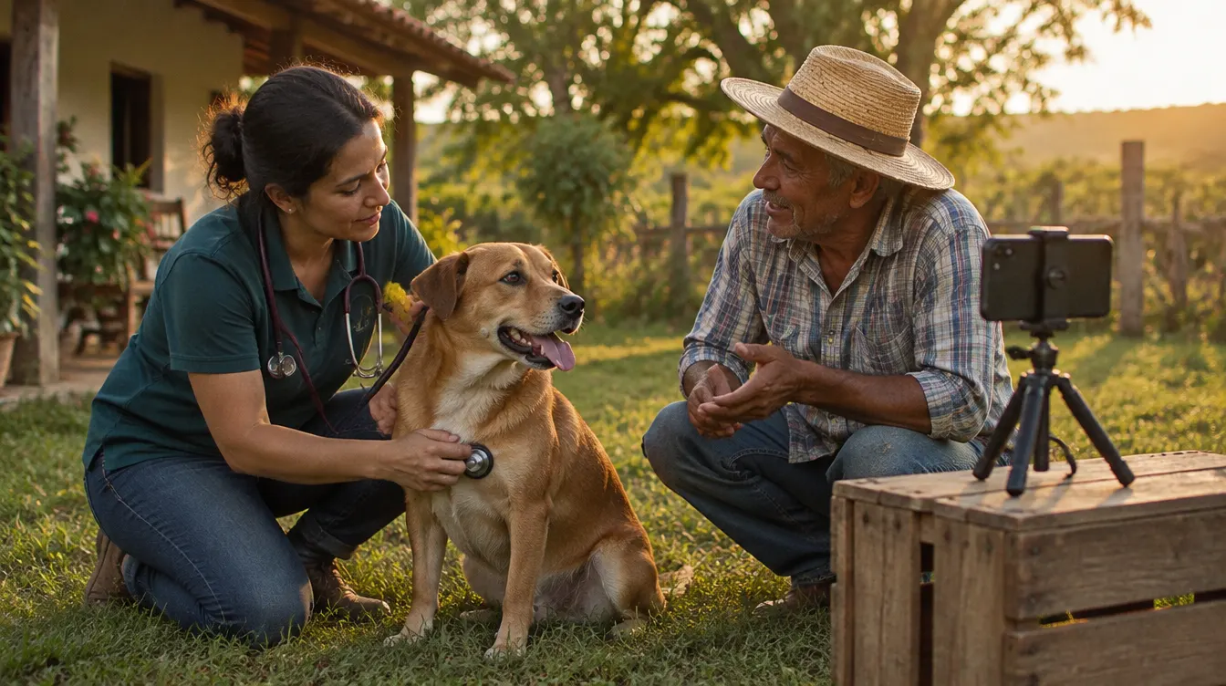 Veterinária examina um cachorro caramelo no quintal enquanto conversa com o tutor; um celular num tripé grava a consulta